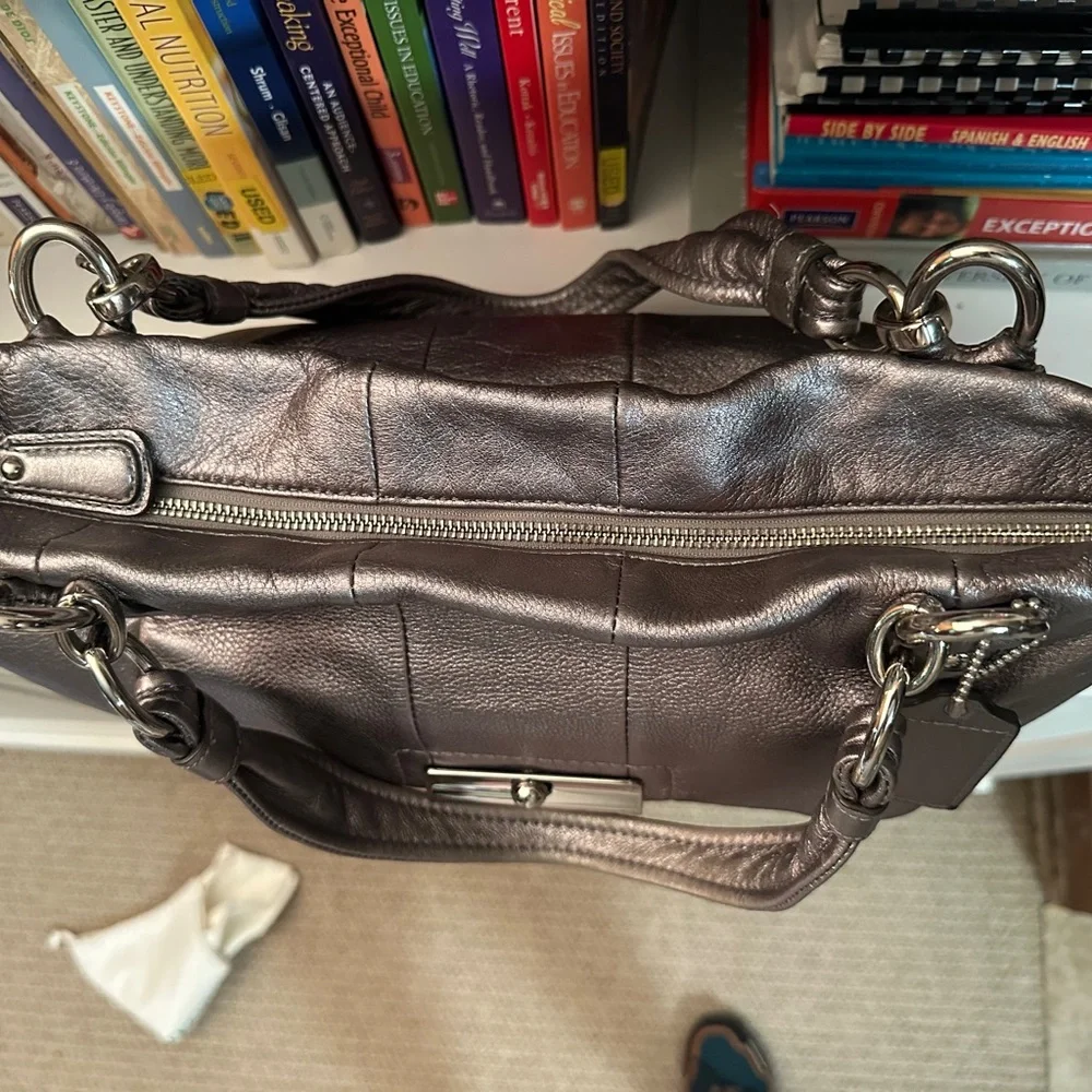 COACH Metallic Silver Leather Tote Bag with Chain Detail